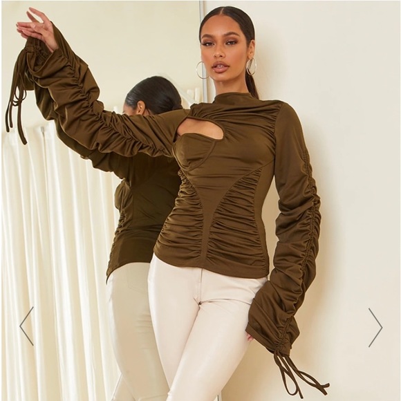 PrettyLittleThing Khaki Ruche Detail Long Sleeve Top - US8 - Picture 5 of 5